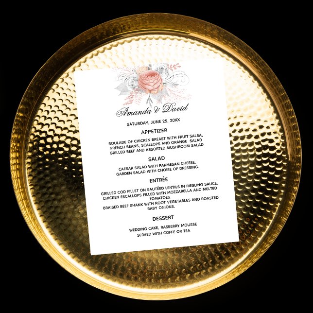 Boda Menú rosa floros dorados blanco (Subido por el creador)