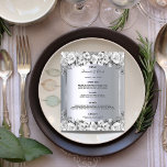 Boda Menú rosas blancas metálicas plateadas elegan<br><div class="desc">Una carta boda elegante y glamurosa. Rosas de color blanco y negro acuático en la decoración. Plantillas para los nombres,  fecha y menú boda. Un marco falso plateado y un falso color de fondo metálico plateado. Letras de color negro. Retroceso: fondo falso plateado metálico.</div>