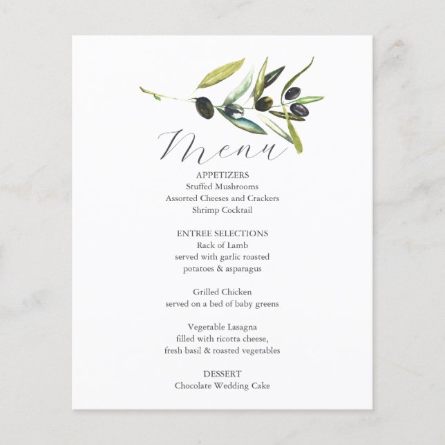 Boda Menus Elegante Rama de Oliva Botánica (Anverso)