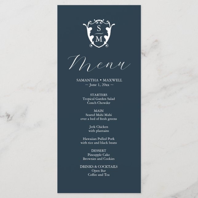 Boda Menus Escudo simple monograma azul (Anverso)