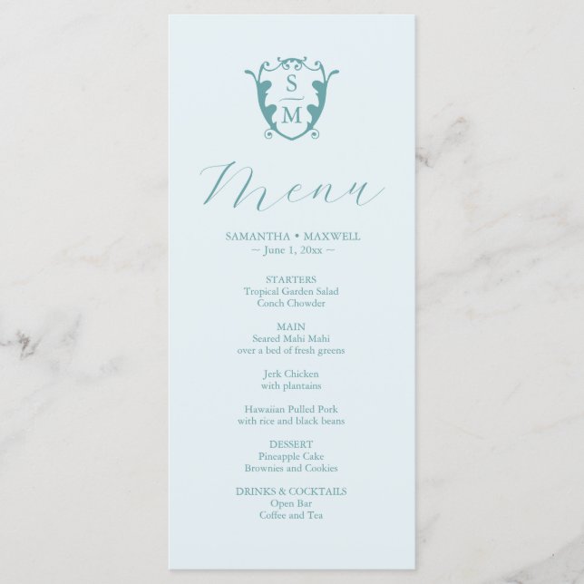 Boda Menus Escudo simple monograma azul (Anverso)