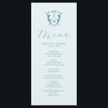 Boda Menus Escudo simple monograma azul<br><div class="desc">Este elegante menú nupcial incluye un sencillo escudo monograma con las iniciales de la novia y el novio. La palabra "Menú" se define en el guión de caligrafía. Utilice los campos de plantilla para agregar elementos de menú personalizado en color turquesa sobre un fondo azul pálido. Perfecto para bodas, cenas...</div>