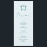 Boda Menus Escudo simple monograma azul<br><div class="desc">Este elegante menú nupcial incluye un sencillo escudo monograma con las iniciales de la novia y el novio. La palabra "Menú" se define en el guión de caligrafía. Utilice los campos de plantilla para agregar elementos de menú personalizado en color turquesa sobre un fondo azul pálido. Perfecto para bodas, cenas...</div>
