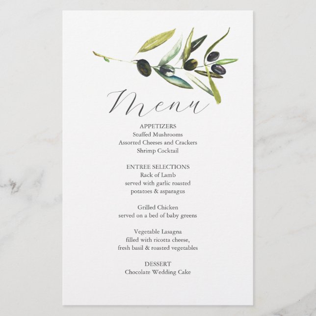 Boda Menus Presupuesto de la Subdivisión de Olivos (Frente)