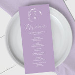 Boda Menus Simple Monograma Lavanda<br><div class="desc">Este elegante menú de boda de lavanda presenta un sencillo monograma con las iniciales de la novia y del novio rodeadas de arte de línea blanca. La palabra "Menú" se define en escritura caligráfica. Utilice los campos de plantilla para agregar los elementos de menú personalizado. Perfecto para bodas, cenas de...</div>