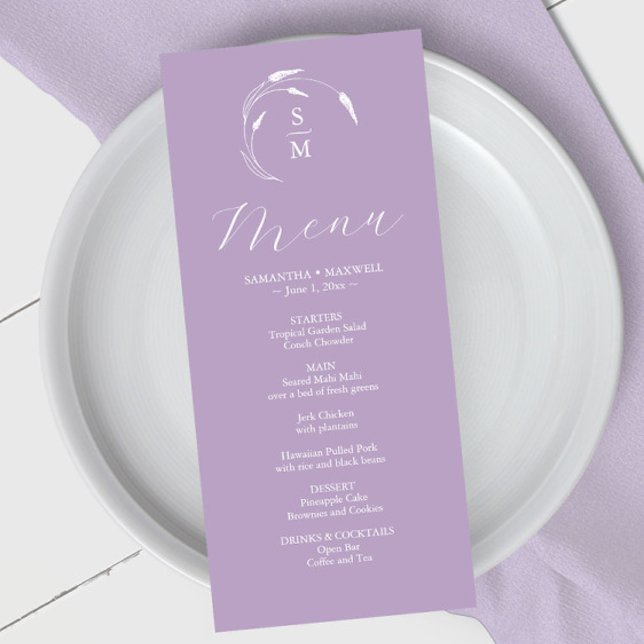 Boda Menus Simple Monograma Lavanda (Wedding menus purple lavender line arty by Victoria Grigaliunas of Do Tell A Belle)