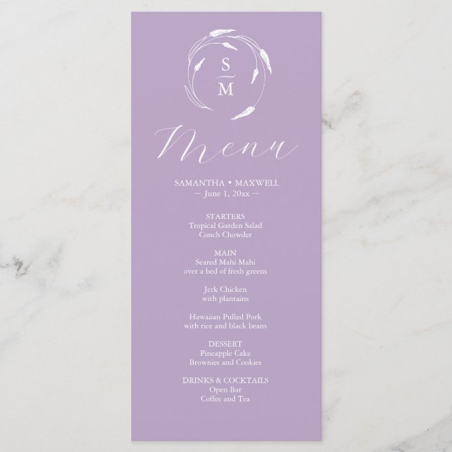 Boda Menus Simple Monograma Lavanda (Anverso)