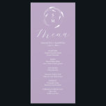 Boda Menus Simple Monograma Lavanda<br><div class="desc">Este elegante menú boda morado presenta un sencillo monograma rodeado de una línea de lavanda. La palabra "Menú" se define en forma de caligrafía. Utilice los campos de plantilla para agregar las iniciales, nombres y elementos de menú personalizado del novio y la novia. Perfecto para bodas, cenas de ensayo, fiestas...</div>