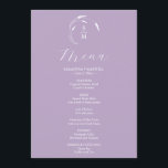 Boda Menus Simple Monograma Lavanda<br><div class="desc">Este elegante menú de boda de lavanda, abierto las 24 horas, presenta un sencillo monograma con las iniciales de la novia y del novio rodeadas de líneas blancas. La palabra "Menú" se define en caligrafía. Utilice los campos de plantilla para agregar los elementos de menú personalizado. Perfecto para bodas, cenas...</div>