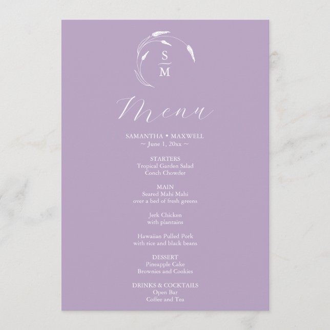 Boda Menus Simple Monograma Lavanda (Anverso)