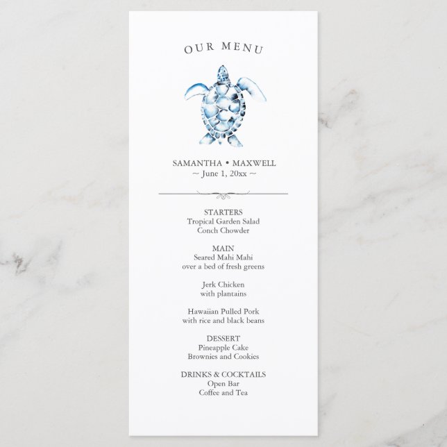 Boda Menus Simple Watercolor Sea Turtle (Anverso)