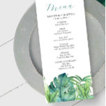 Boda Menus Tropical Destination Palm Leaves<br><div class="desc">Este menú tropical boda incluye un borde inferior de hojas de palma acuarelas. La palabra "menú" se define en la tipografía de escritura de moda. Utilice los campos de plantilla para introducir los elementos del menú de cena del personalizado. Perfecto para bodas en la playa y en el destino. Para...</div>