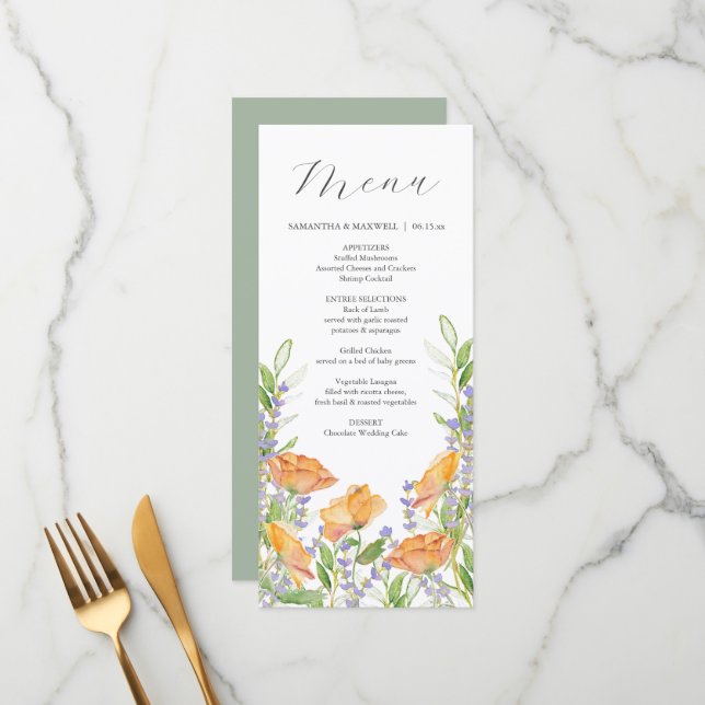 Boda Menus Watercolor Wildflower Tema (Anverso/Reverso In Situ)