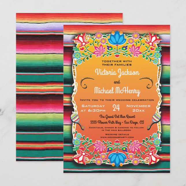 Boda mexicano Rug y invitación floral (Anverso / Reverso)