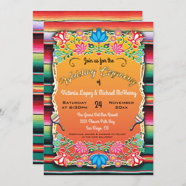 Boda mexicano Rug y invitación floral (Anverso / Reverso)