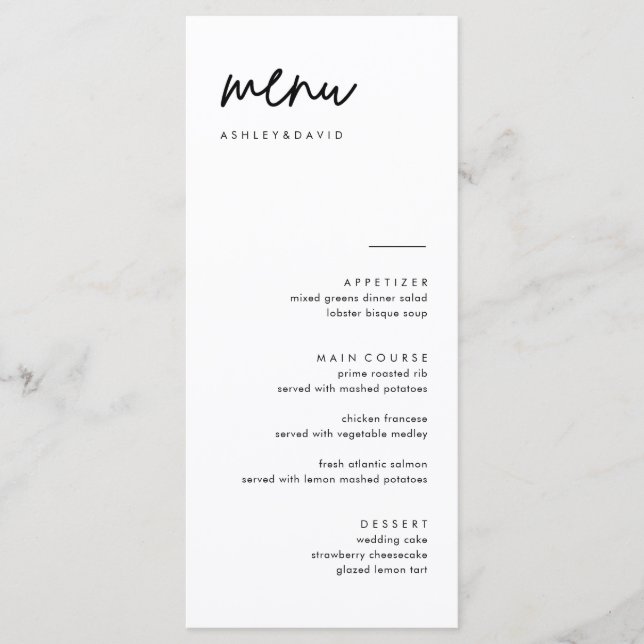 Boda minimalista 4x9 Cartas de menú| Menú moderno (Anverso)