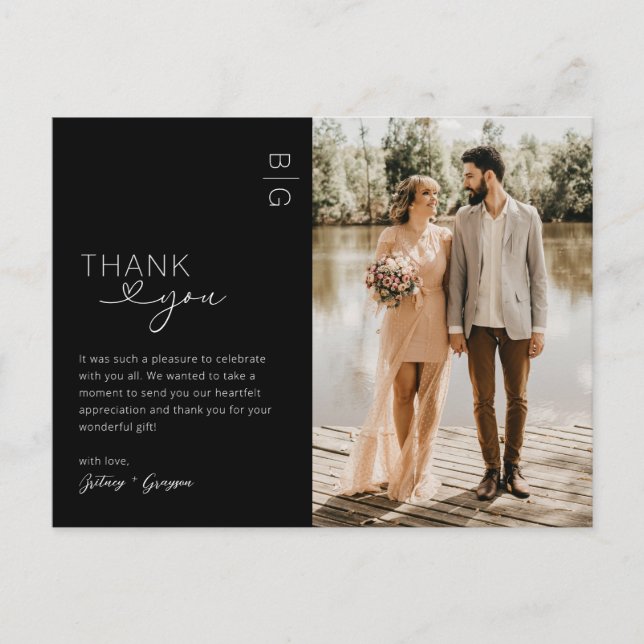 Boda minimalista de fotos negras gracias postal (Anverso)