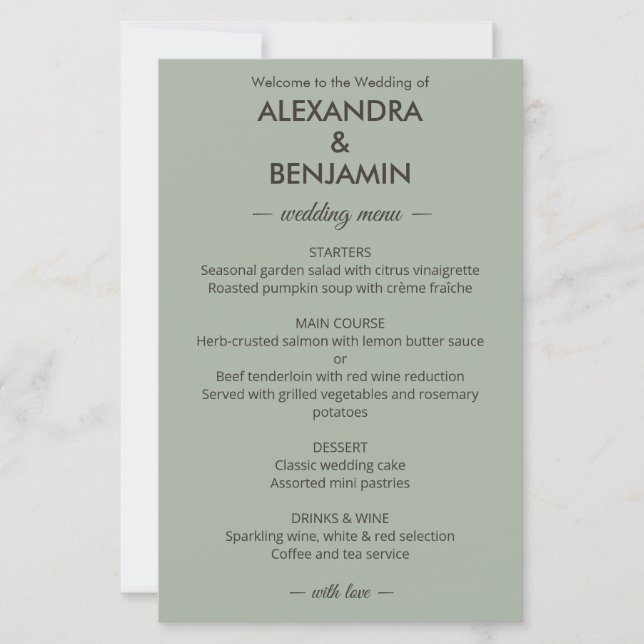 Boda Minimalista Moderna | Menú Verde Salvia (Anverso)