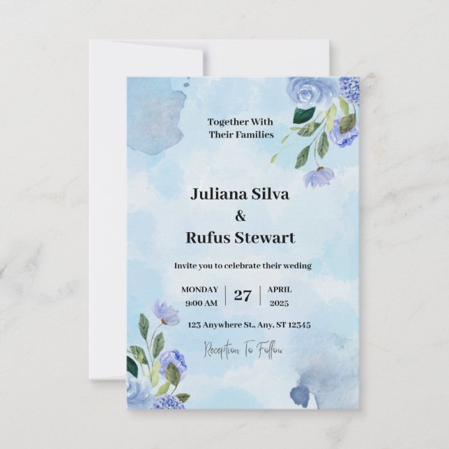 Boda Minimalista Simple Acuarela Morado Azul (Anverso)