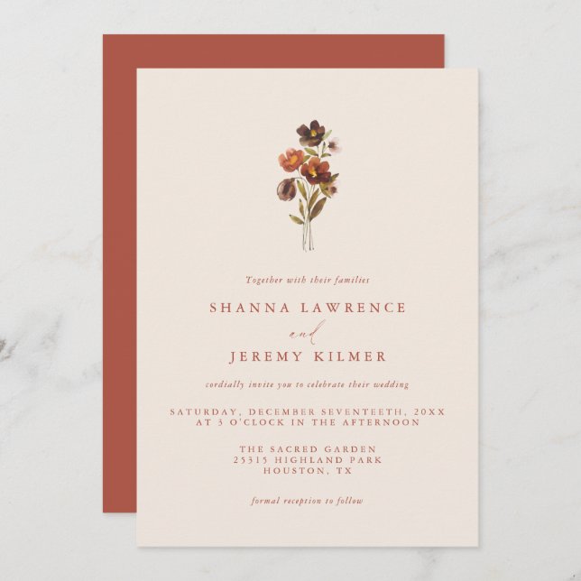 Boda Mínimo Rústico Elegante Floral | Invitación (Anverso / Reverso)