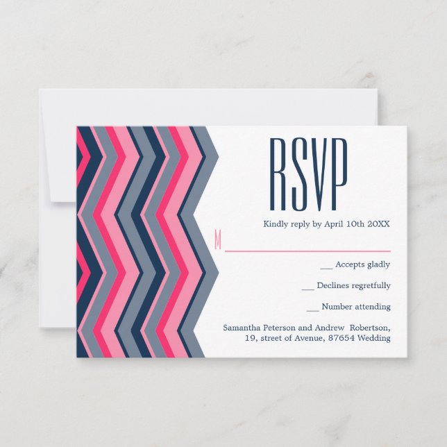 Boda moderna de chevron azul marino neón rosa RSVP (Anverso)