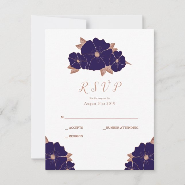 Boda moderna de cobre y azul oscuro floral RSVP (Anverso)