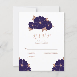 Boda moderna de cobre y azul oscuro floral RSVP