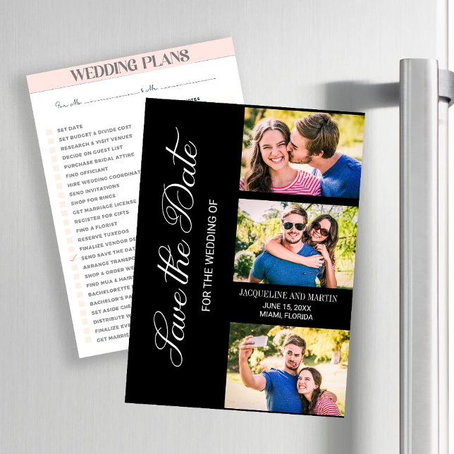 Boda Moderna Negra 3 Fotos (Wedding Save the Date 3-photo magnet )