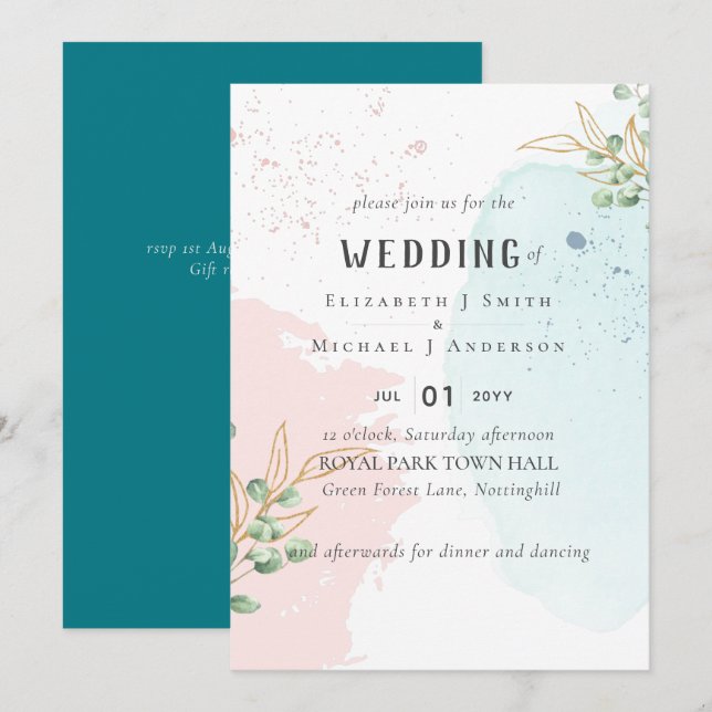 Boda moderno Eucalyptus Greenery Blue Pink (Anverso / Reverso)