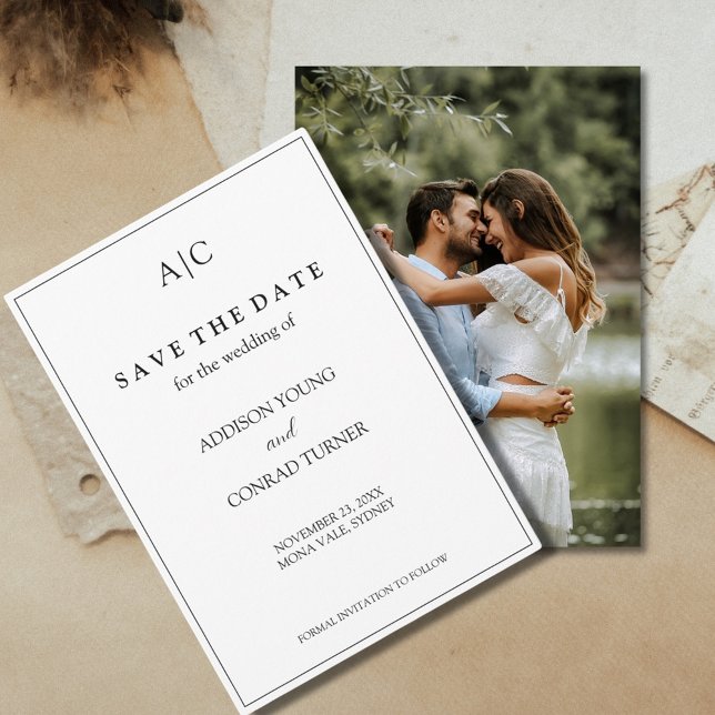 Boda Monograma blanco Foto Guardar tarjeta de fech (Subido por el creador)