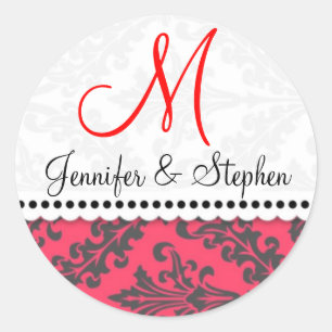 Boda Monograma Damask Pegatinas de sellos : Rojo