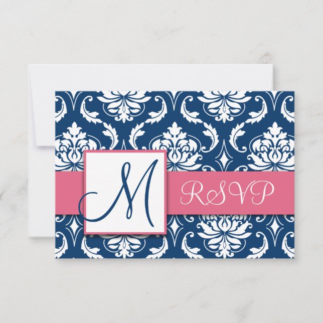 Boda Monograma de la Marina Azul Damask RSVP Rosa (Anverso)