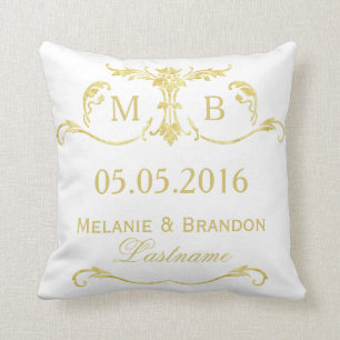 Boda monograma dorado almohada personalizada