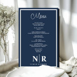 Boda Monograma Menú de cena de ensayo personalizad<br><div class="desc">Presentamos nuestro menú de la cena de Boda blanco y azul de la Marina, una combinación perfecta de elegancia y personalización para sus festividades pre-bodas. Eleve su cena de ensayo, la fiesta de compromiso o la recepción de bodas con un toque de sofisticación que deje una impresión duradera a sus...</div>