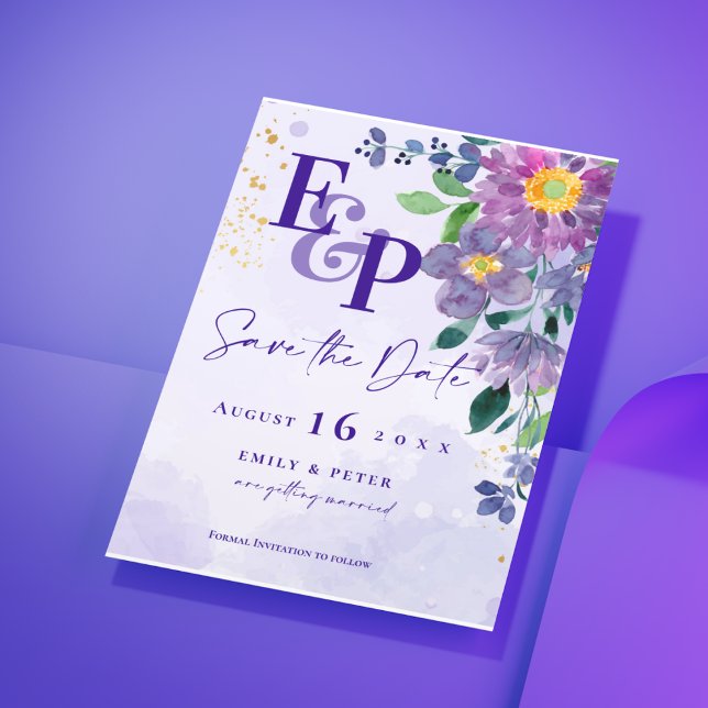 Boda Morada Floral Monograma Guardar La Fecha (Cute Monogram Purple Floral Wedding Save The Date Invitation)