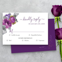Boda morada floral RSVP con opciones de comida