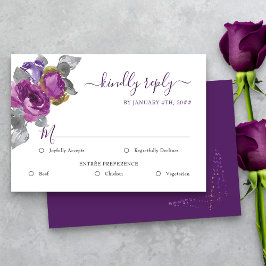 Boda morada floral RSVP con opciones de comida