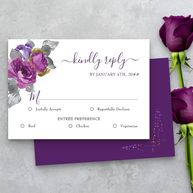 Boda morada floral RSVP con opciones de comida (Purple floral Entree option rsvp card from my Plush Purple Wedding Collection )