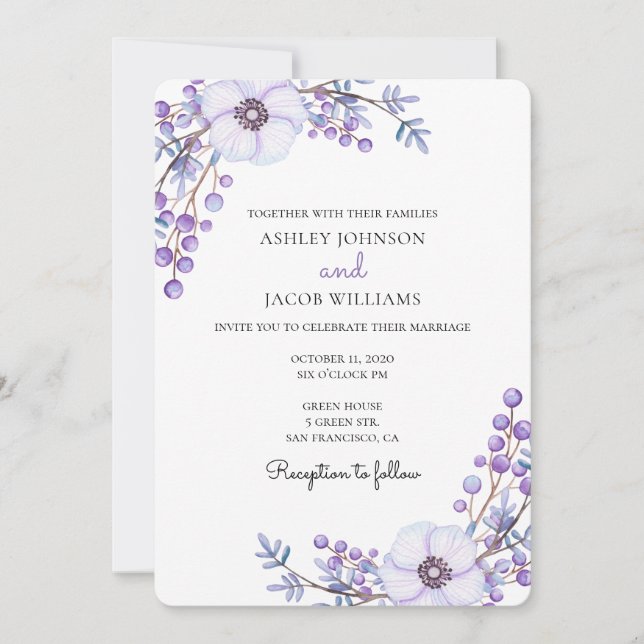 Boda morada. Flores de lila. Invitación floral (Anverso)