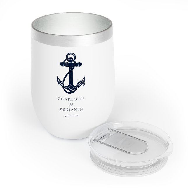 Boda Náutica Azul Anchor Beach (Nautical Anchor Navy Blue Boating Wedding Swag Personalized Wine Tumbler)