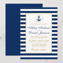 Boda Náutica Invitación Azul Rayas Doradas B