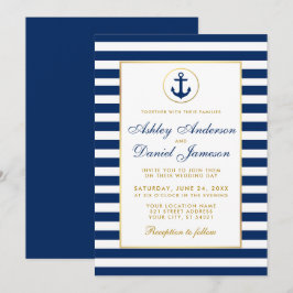 Boda Náutica Invitación Azul Rayas Doradas B