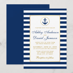 Boda Náutica Invitación Azul Rayas Doradas B