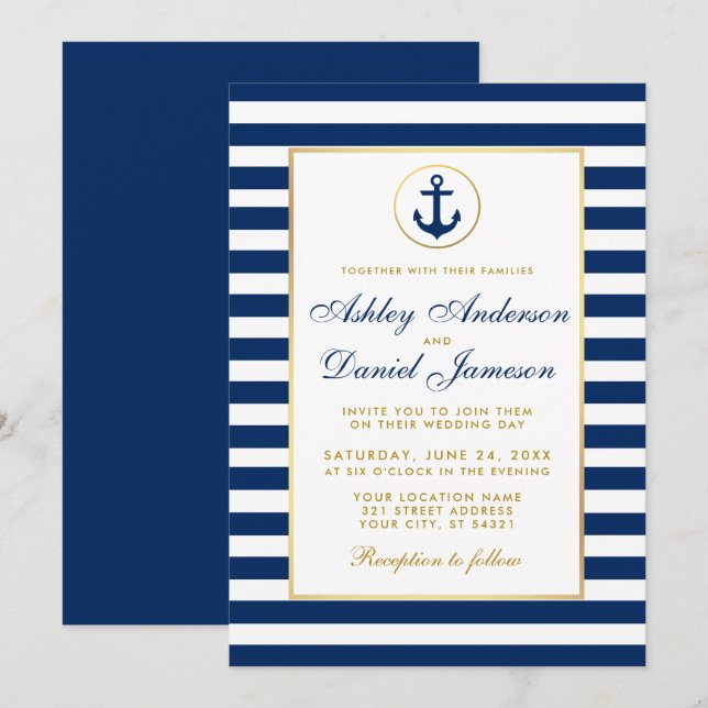 Boda Náutica Invitación Azul Rayas Doradas B (Anverso / Reverso)