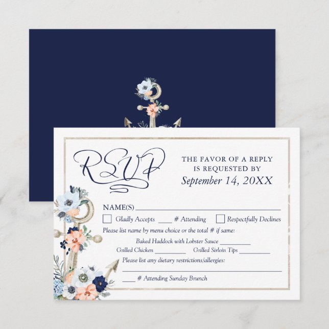 Boda Nautical Anchor Nave Blue Peach RSVP (Anverso / Reverso)