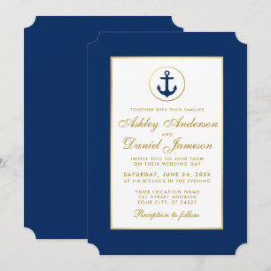 Boda náutico Ancla azul e invitación al oro