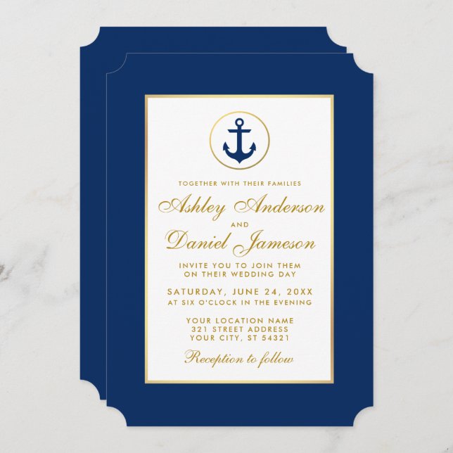 Boda náutico Ancla azul e invitación al oro (Anverso / Reverso)