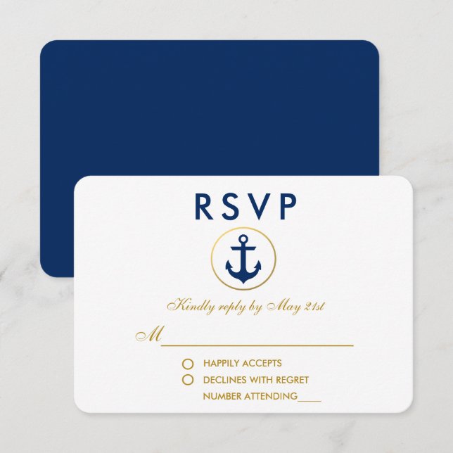 Boda Náutico Anclaje Azul Oro RSVP (Anverso / Reverso)