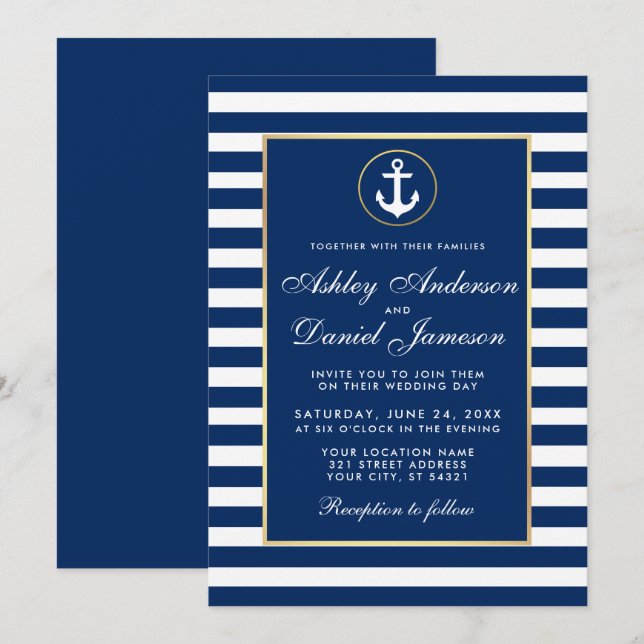 Boda Náutico Bandas Azules Invitación B (Anverso / Reverso)