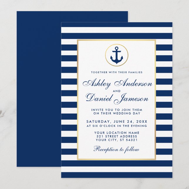 Boda Náutico Bandas Azules Invitación B (Anverso / Reverso)